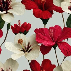 Seamless pattern of painted flowers with red and white petals and green stems creating vibrant floral pattern in natural scene