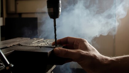 Cordless Power Tools concept. Hand operating a drill with smoke and sawdust in a workshop environment.