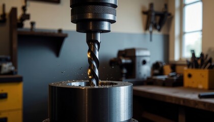 Cordless Power Tools concept. Close-up of a drill bit in a workshop setting, with metal shavings flying.