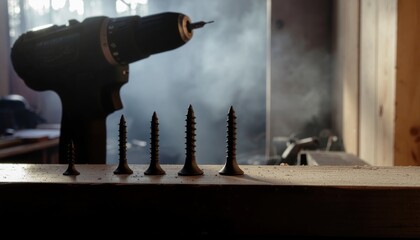 Cordless Power Tools concept. Power drill with screws on a workbench in a smoky workshop.