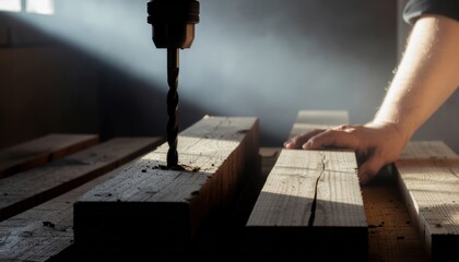 Cordless Power Tools concept. Craftsman drilling wood in a workshop with dramatic lighting.