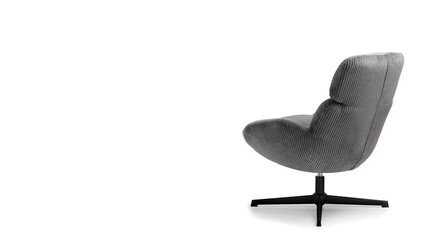 Comfortable gray armchair with sleek design isolated on white copy-space background.