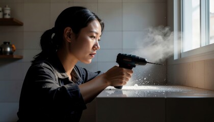 Cordless Power Tools concept. Woman using a power drill in a bright, modern kitchen.