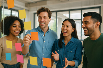 Diverse Team Brainstorming with Colorful Sticky Notes in Modern Office