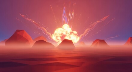 Abstract Landscape with Glowing Explosion and Geometric Mountains