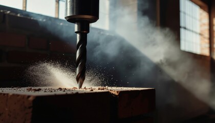 Cordless Power Tools concept. Industrial drill in action creating sparks and dust in a workshop.