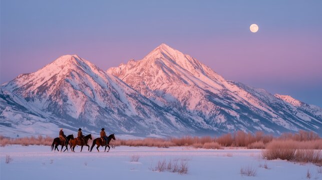 Dramatic mountain scene featuring cowboys riding through snow-covered landscape under a full moon, showcasing the beauty of nature and adventure in a serene atmosphere - Powered by Adobe