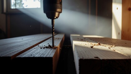 Cordless Power Tools concept. Drill working on wooden planks with light streaming through a window.