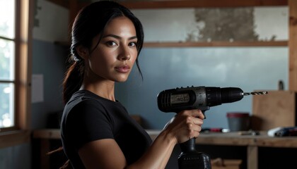 Cordless Power Tools concept. Confident woman holding a drill in a workshop setting.