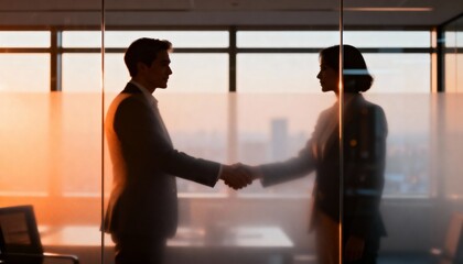 Blurred business handshake behind frosted glass in modern office