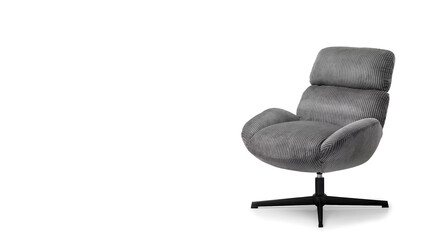 Comfortable gray armchair with sleek design isolated on white copy-space background.