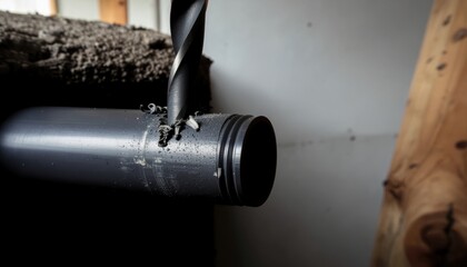 Cordless Power Tools concept. Pipe being drilled with wood in the background.