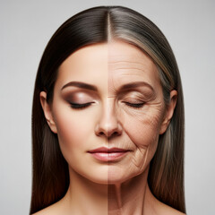 Split-face portrait of woman with youthful left side and aged wrinkled right side on neutral background emphasizing age contrast in soft lighting