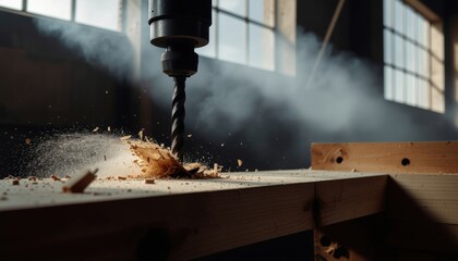 Cordless Power Tools concept. Drill creating wood shavings in a workshop with natural light.