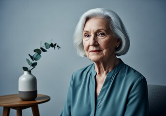 Studio portrait elderly woman silver hair teal blouse wooden table ceramic vase eucalyptus cool-neutral lighting facial lines skin texture longevity