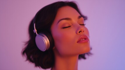 Modern woman with short hair wearing headphones, enjoying music in a vibrant artistic setting, showcasing a blend of technology and contemporary style