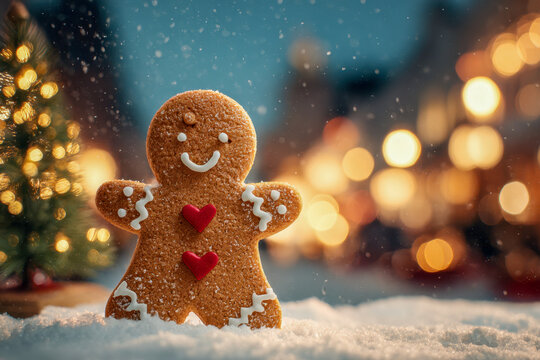 Festive gingerbread person cookie with smiling face and red heart decorations standing on snow with warm holiday lights and Christmas tree background in winter eveni