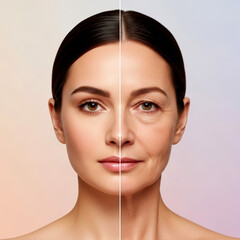 Studio portrait of woman face divided young aged halves accentuating texture elasticity tone differences on seamless pastel background for skincare