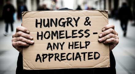 Close-up of a man holding a cardboard sign with a handwritten plea for help. An anonymous person on a blurry city street is in the background.