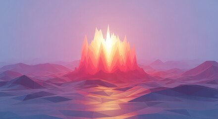 Abstract polygonal landscape with mountain peaks and vibrant sunset