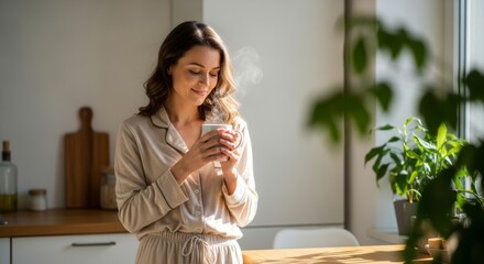 Relaxed young woman in beige sleepwear enjoying warm beverage with steam rising from white cup in sunlit contemporary kitchen interior