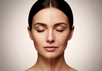 Studio portrait split-age woman face youthful left aged right with fine lines texture closed eyes relaxed expression on minimal beige backdrop