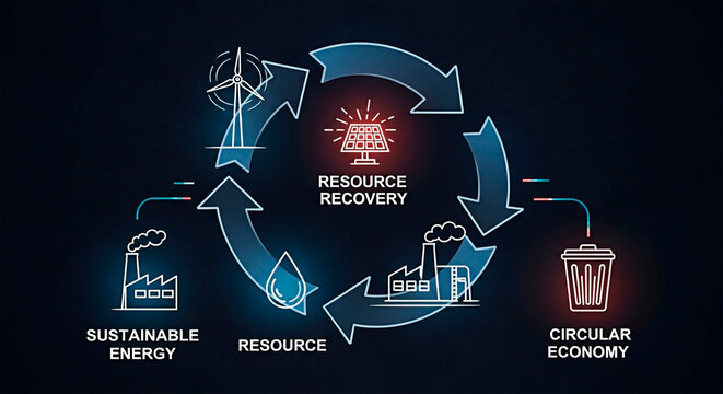 Circular economy infographic representing the concept of sustainability and resource management.