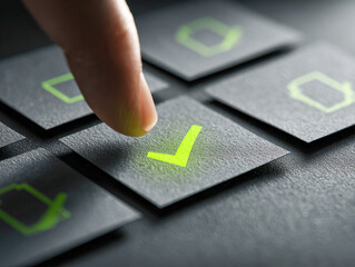 Finger pressing illuminated green checkmark button on textured keypad representing selection confirmation and approval in digital interface concept