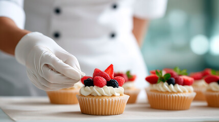Pastry chef decorating cupcakes with fresh berries and cream while wearing gloves in professional kitchen environment