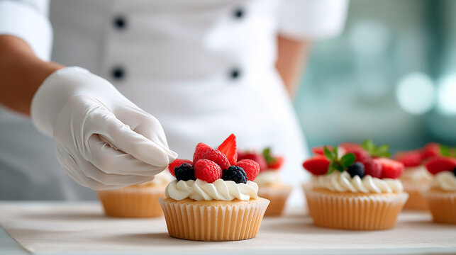 Pastry chef decorating cupcakes with fresh berries and cream while wearing gloves in professional kitchen environment