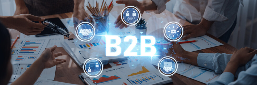 A vibrant business meeting scene showcasing B2B strategies with professional interaction, hands shaking, and various data charts on the table for analysis and decision-making. Trope