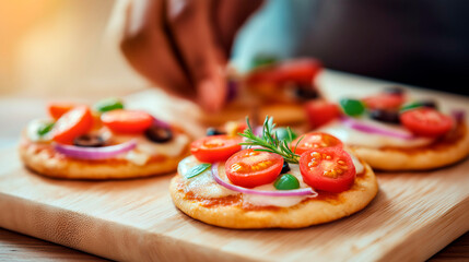 Mini vegetable pizzas with cherry tomatoes, olives, onions and herbs being garnished by hand on wooden board