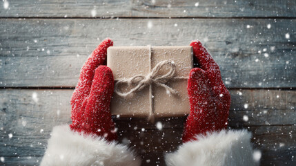 Cozy Winter Gift Exchange: Red Gloves Holding Brown Paper Gift Box in Snow
