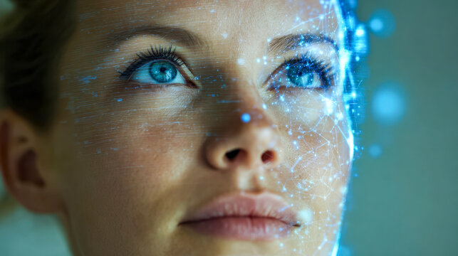Close-up of a woman's face with digital facial recognition interface overlay showcasing futuristic biometric technology and artificial intelligence integration