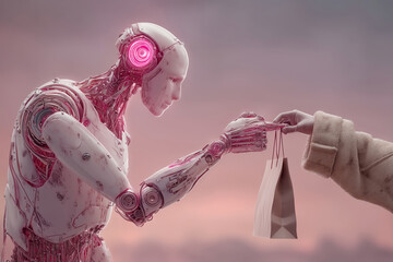 Robot arm delivering shopping bag to human hand on a serene evening