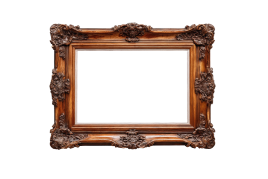 Ornate brown wooden picture frame with intricate carvings