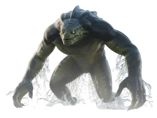 Obraz premium A fearsome reptilian monster emerges from splashing water with glowing green transparent background