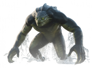 A fearsome reptilian monster emerges from splashing water with glowing green transparent background