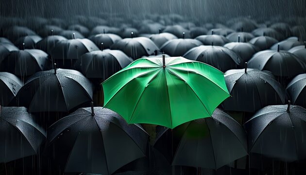 one vivid green umbrella stands out amidst a sea of black umbrellas with raindrops concept for uniqueness standing out from the crowd and differentiation