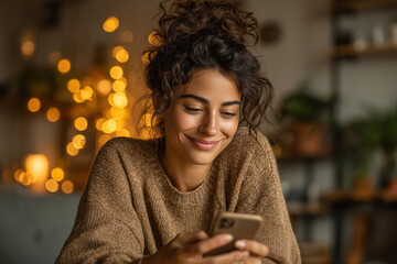 Woman smiles at her phone in cozy cafe after scanning augmented reality feature
