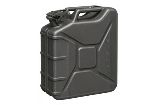 Black jerry can with a handle and spout, showing a measurement scale, for transporting liquids. Transparent background