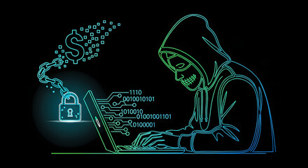 Cyber robbery illustration with a hooded hacker accessing a laptop to steal data. Cyber robbery is depicted with binary code, lock and dollar symbols, and a dark background.