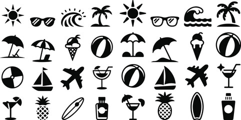 Beach holiday silhouette icons collection