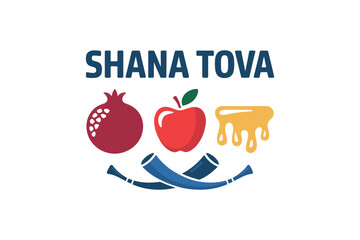 Shana Tova greeting with symbols of Rosh Hashanah: pomegranate, apple, honey, and shofar.