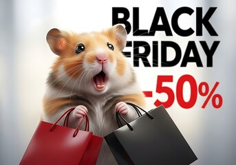 Excited hamster with shopping bags and black friday sale discount announcement