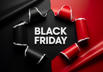 Dramatic black friday sale announcement with torn paper effect revealing bold white text on black background