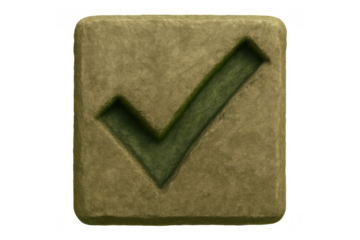 Stone check mark icon showing approval, success, and completion on textured surface, isolated on transparent background