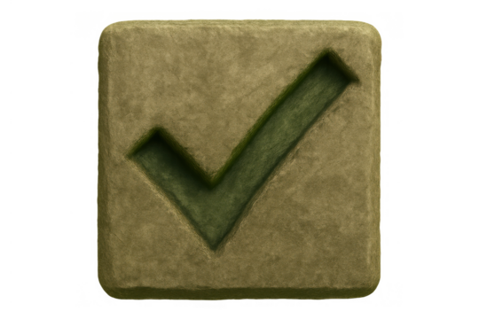 Stone check mark icon showing approval, success, and completion on textured surface, isolated on transparent background