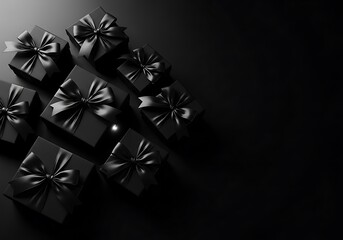 Elegant arrangement of black gift boxes with satin ribbons on a dark background symbolizing luxury and mystery
