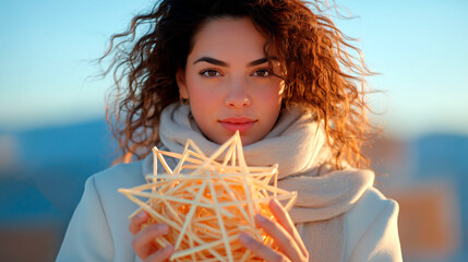 Young caucasian woman with curly hair in winter clothes holding glowing geometric star outdoors at golden hour